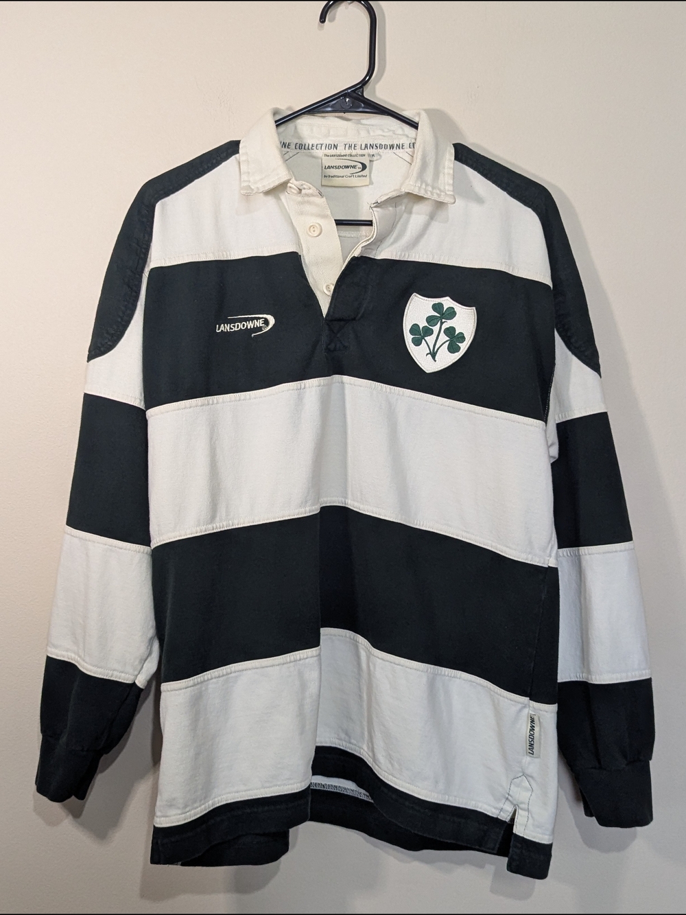 Lansdowne Ireland Rugby Shirt Shamrock Crest Green White Stripe Long Sleeve M
